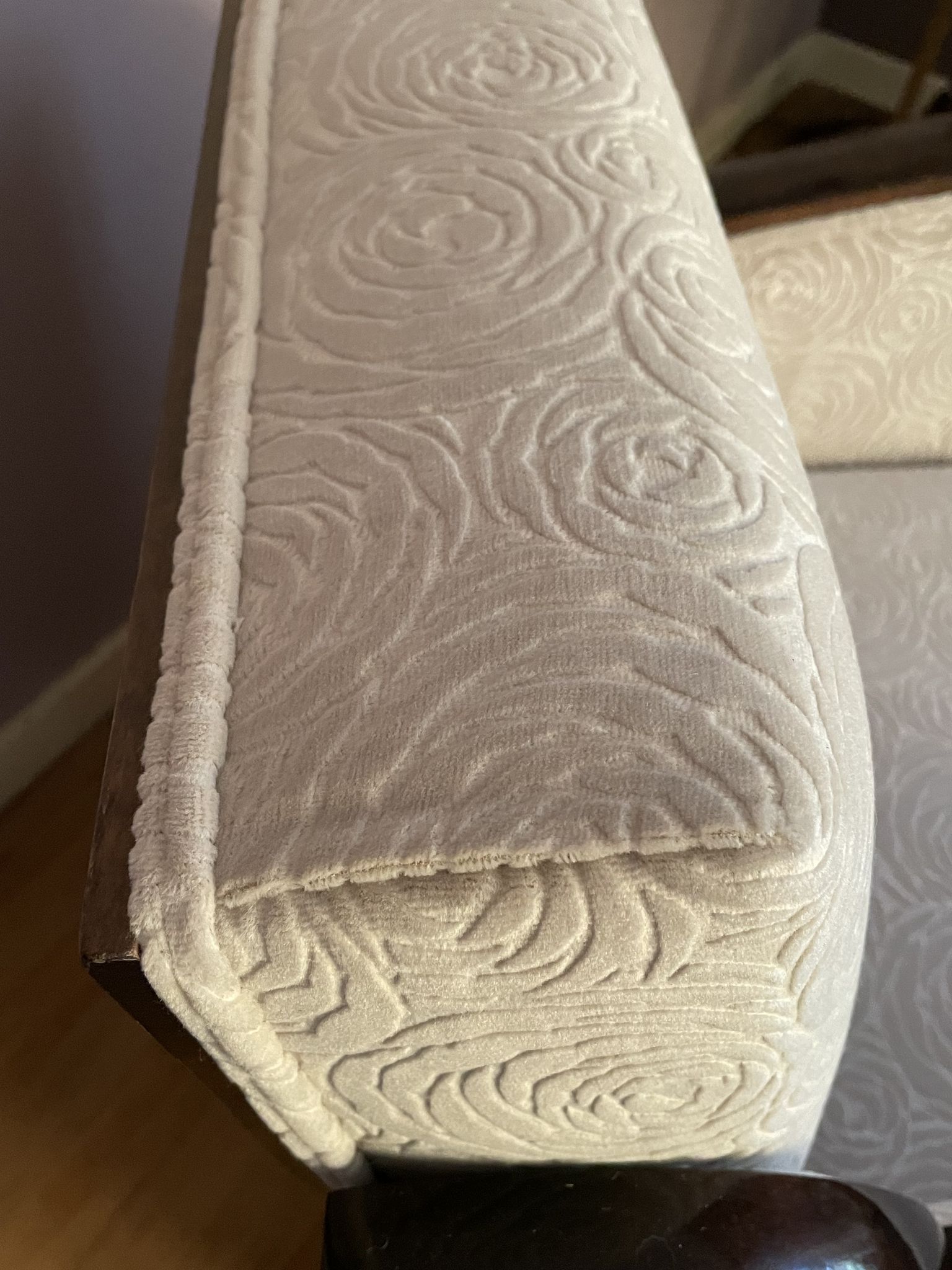 Art-deco convertible armchair in tinted beech and ivory-colored cotton velvet fabric