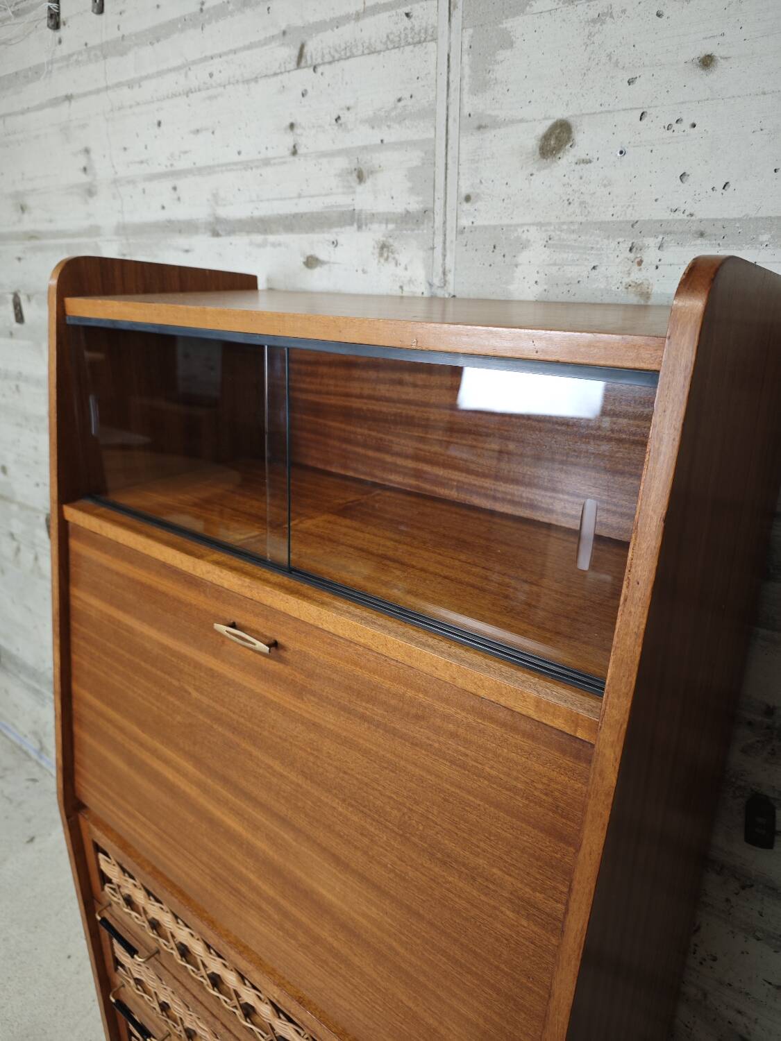 Vintage wooden and rattan secretary