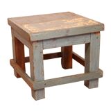 Old small workshop bedside table in Burmese teak original blue patina / ideal in fifth wheel p