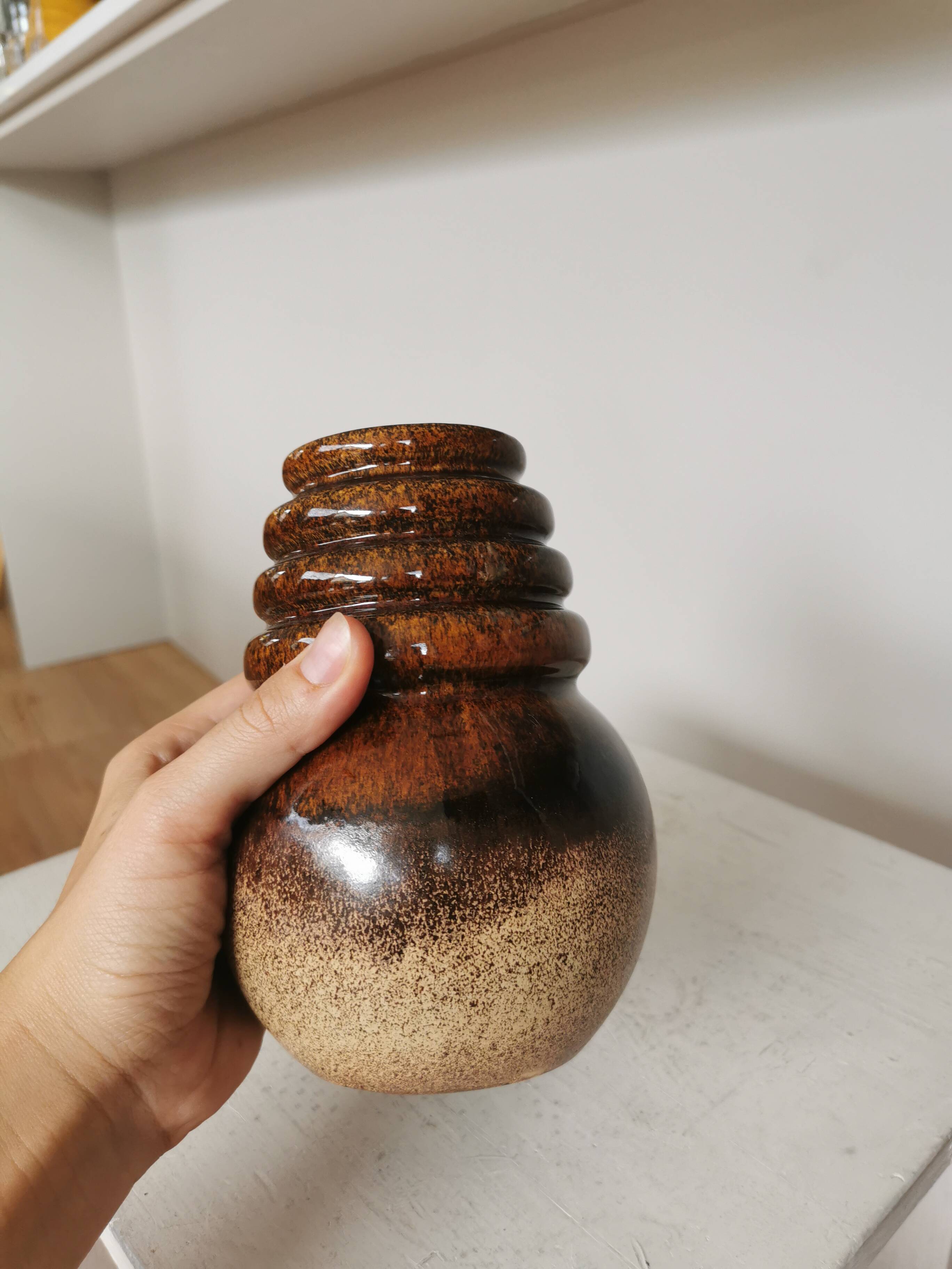 Vintage Fat Lava Vase: West German Brown Glazed Ceramic, Retro Boho Decor