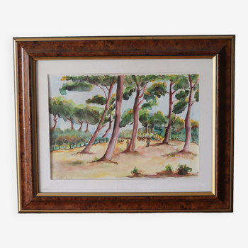 Watercolor painting Landscape pine forest and bicycles