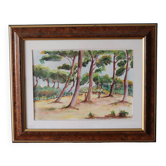 tableau aquarelle paysage pinède et vélos