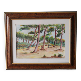 Watercolor painting Landscape pine forest and bicycles