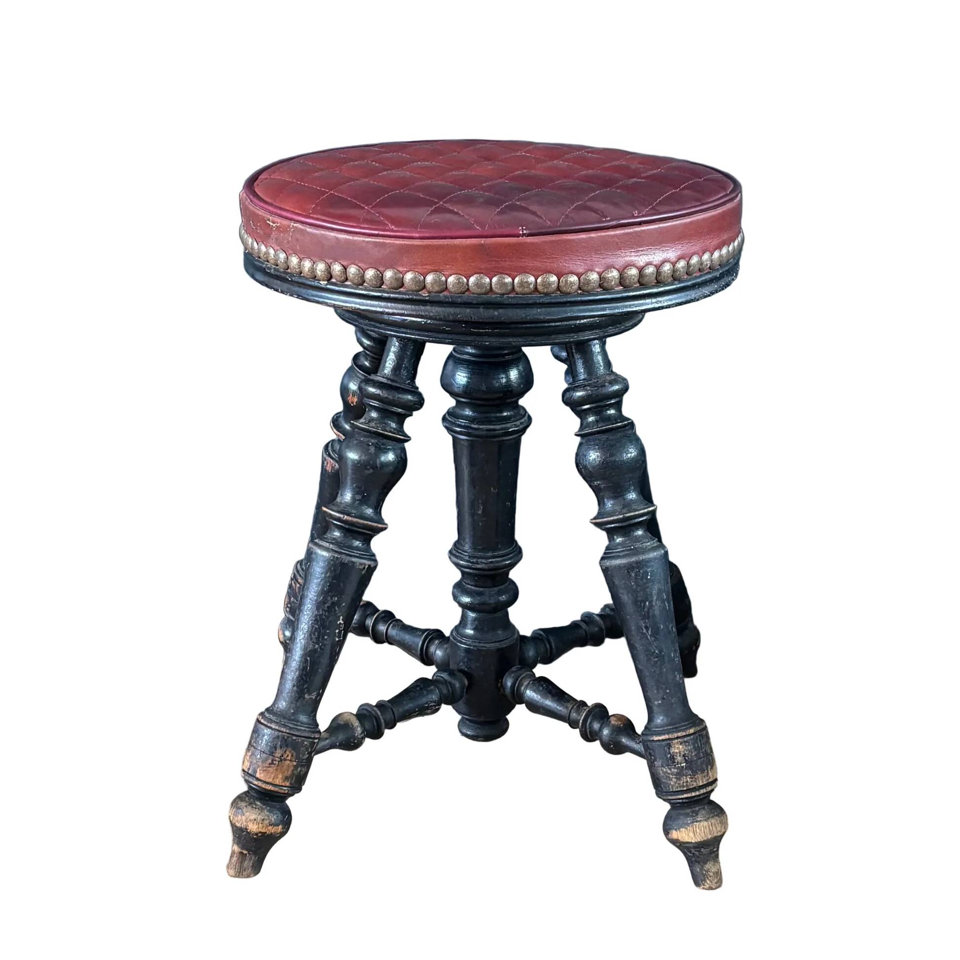 Tabouret de piano en cuir capitonnée et bois noirci