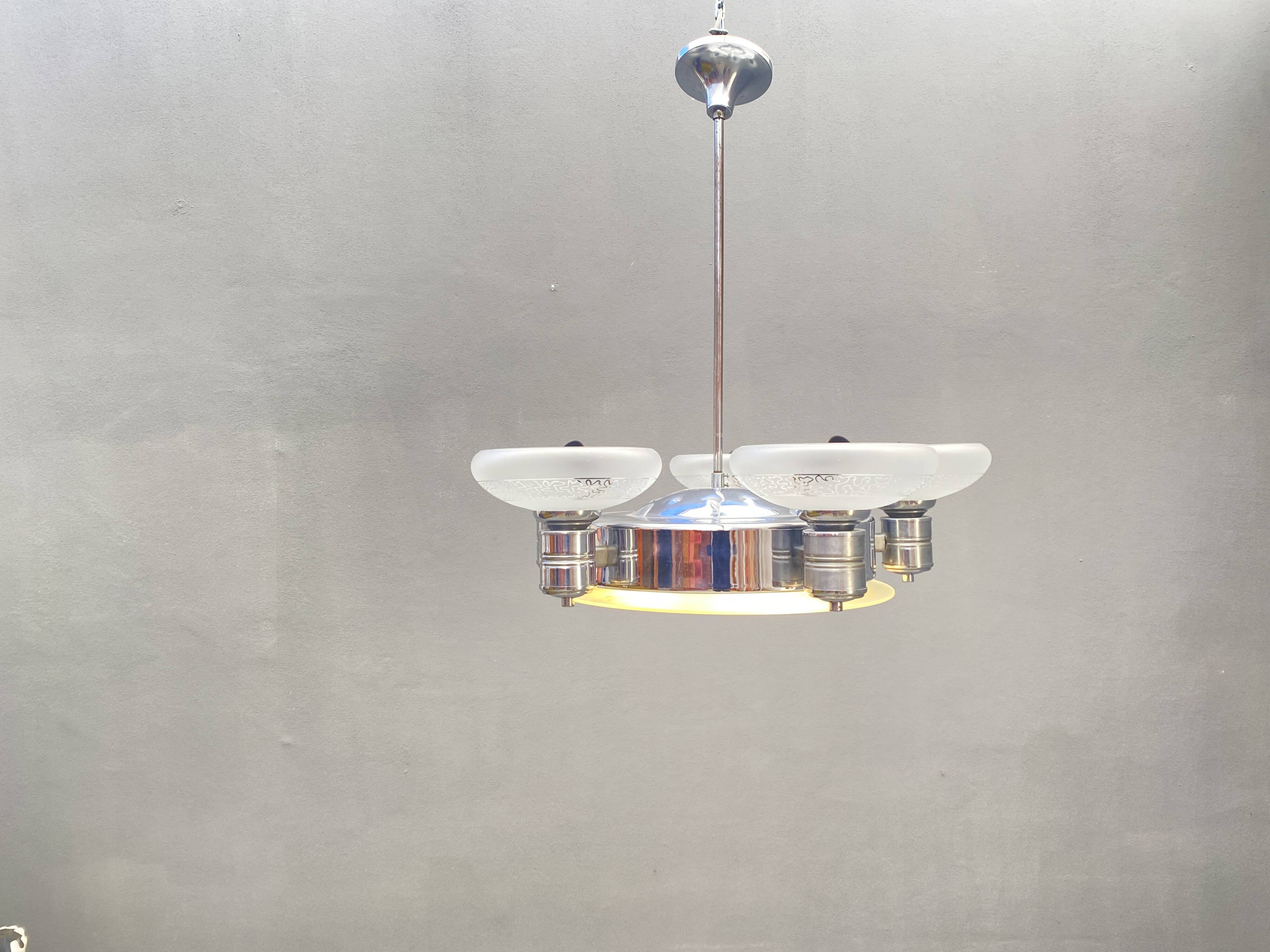 Art Deco Chrome Chandelier with Glass Bowl Shades
