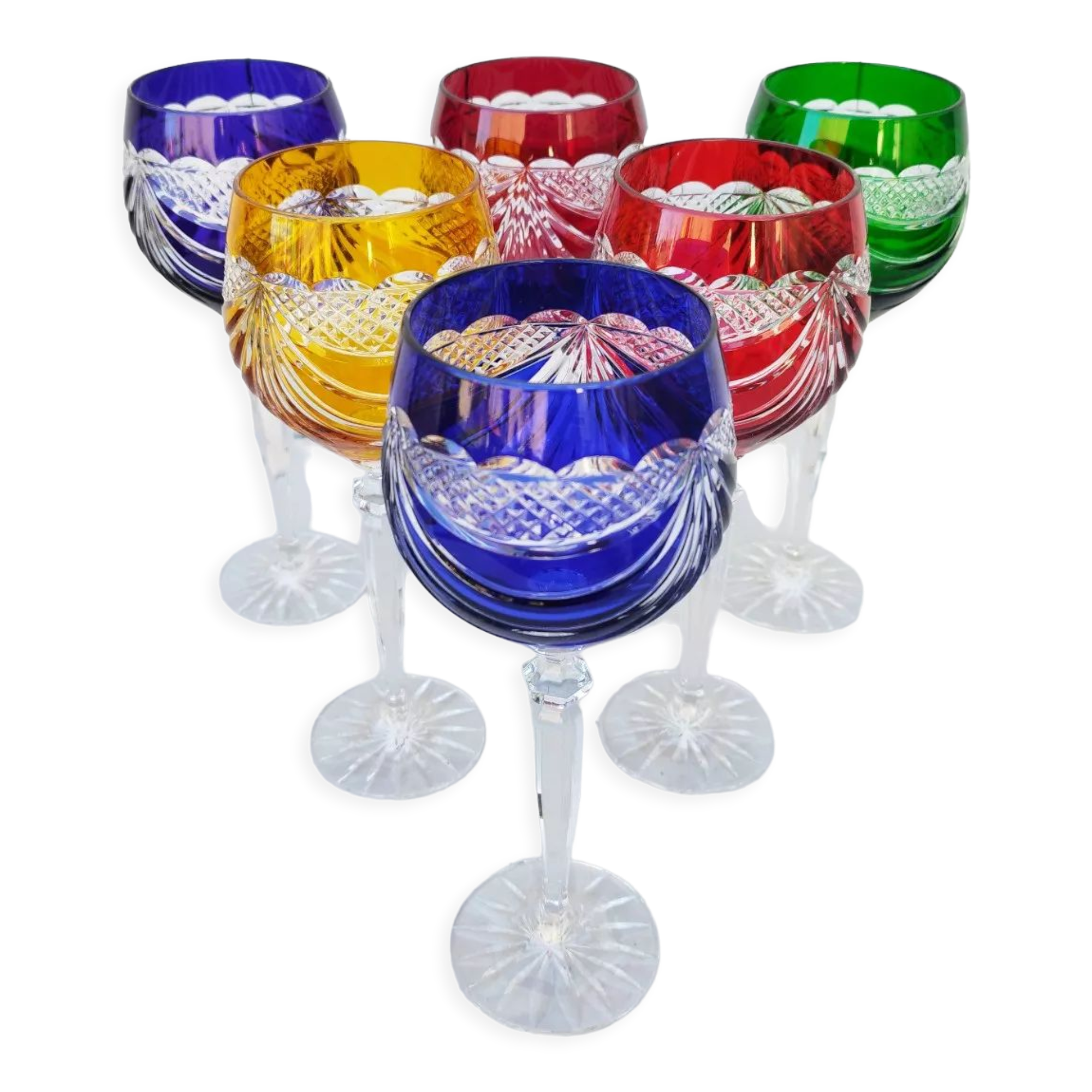 Six vintage coloured cut crystal wine glasses