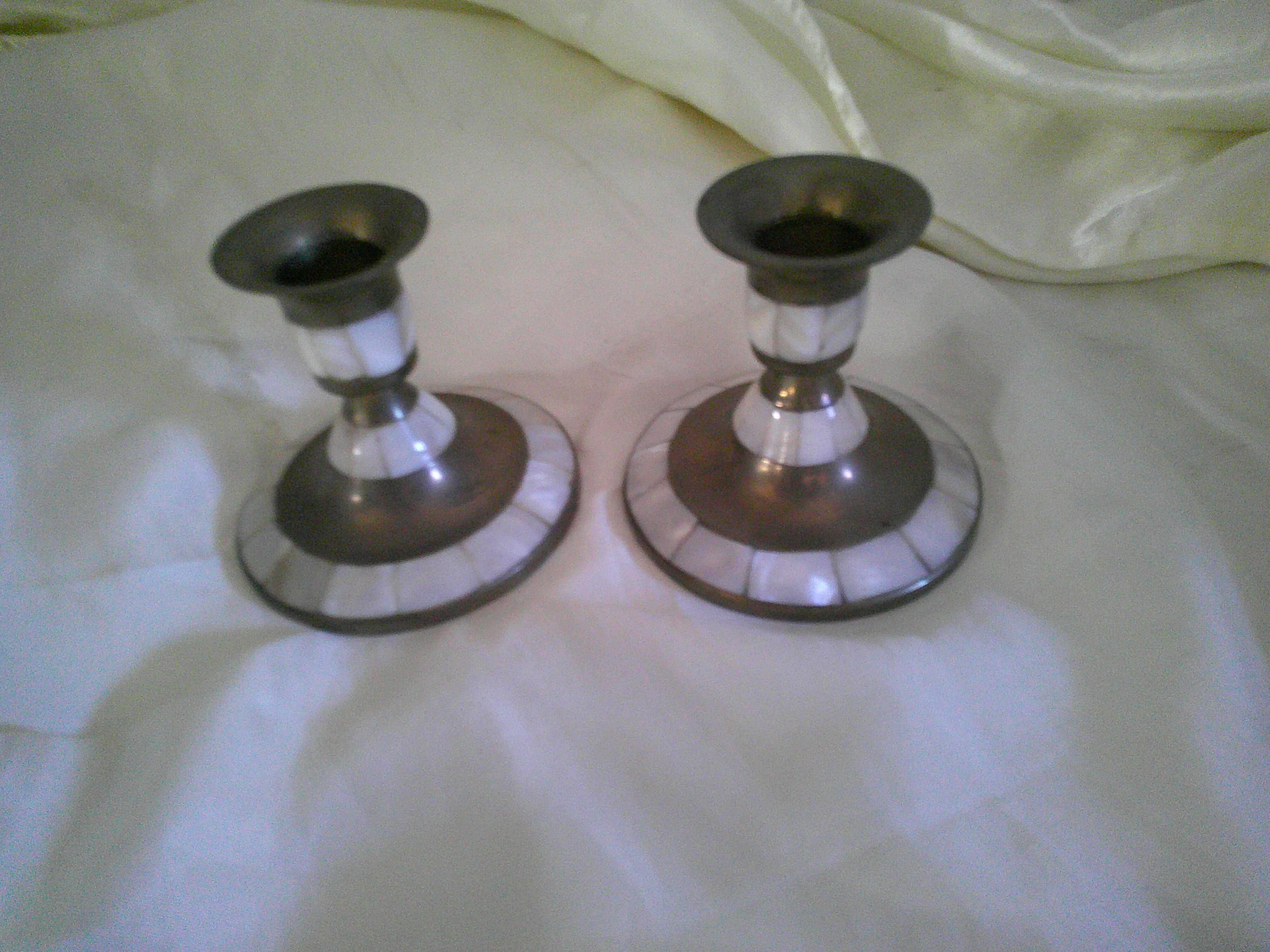 Pair of brass and mother-of-pearl candlesticks
