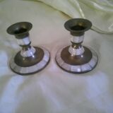 Pair of brass and mother-of-pearl candlesticks