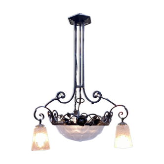 Art Deco pendant lamp in opaque glass by Muller Brothers Luneville - 3 branches