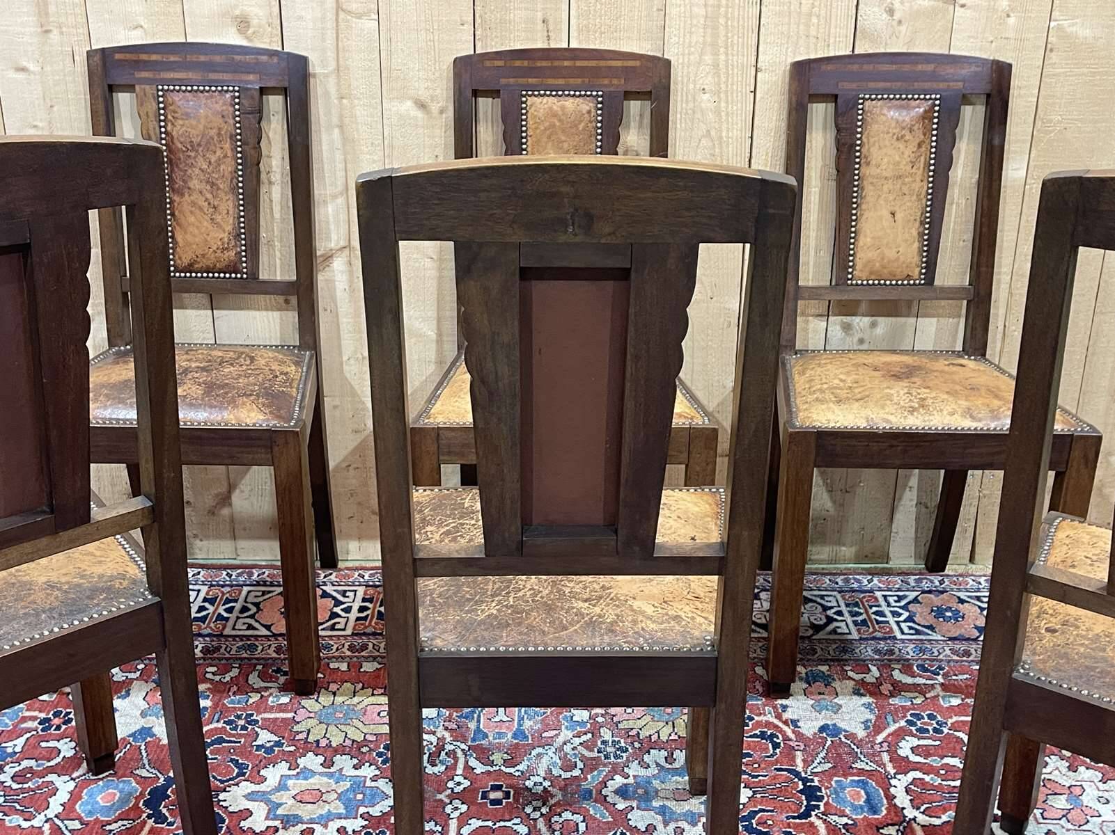 Series of 6 Art Deco chairs in mahogany and leather from the 1930s