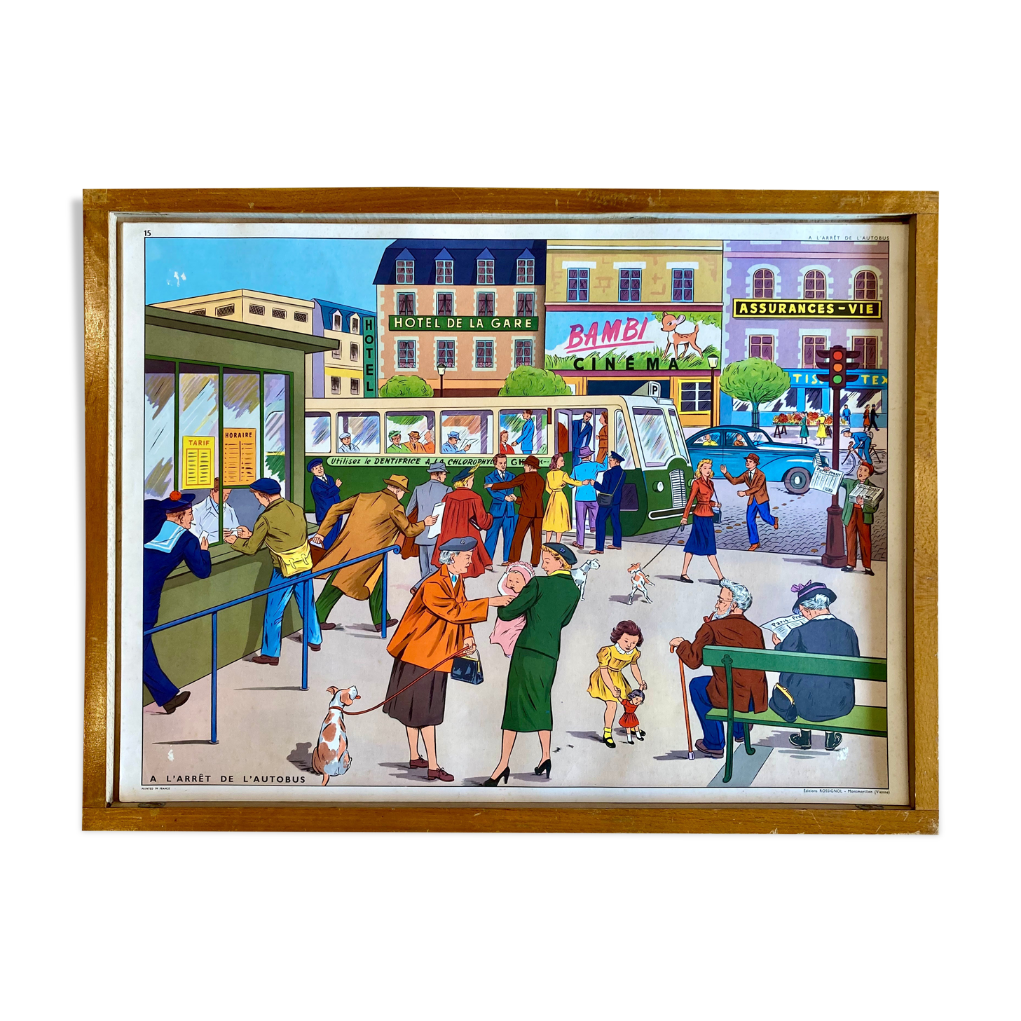 Educational poster elocution Rossignol vintage 60s - at the bus stop and the garden