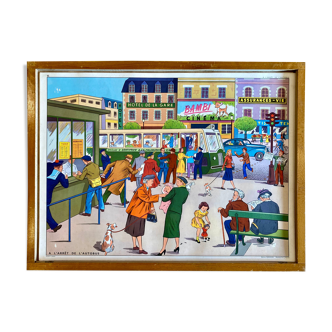 Educational poster elocution Rossignol vintage 60s - at the bus stop and the garden