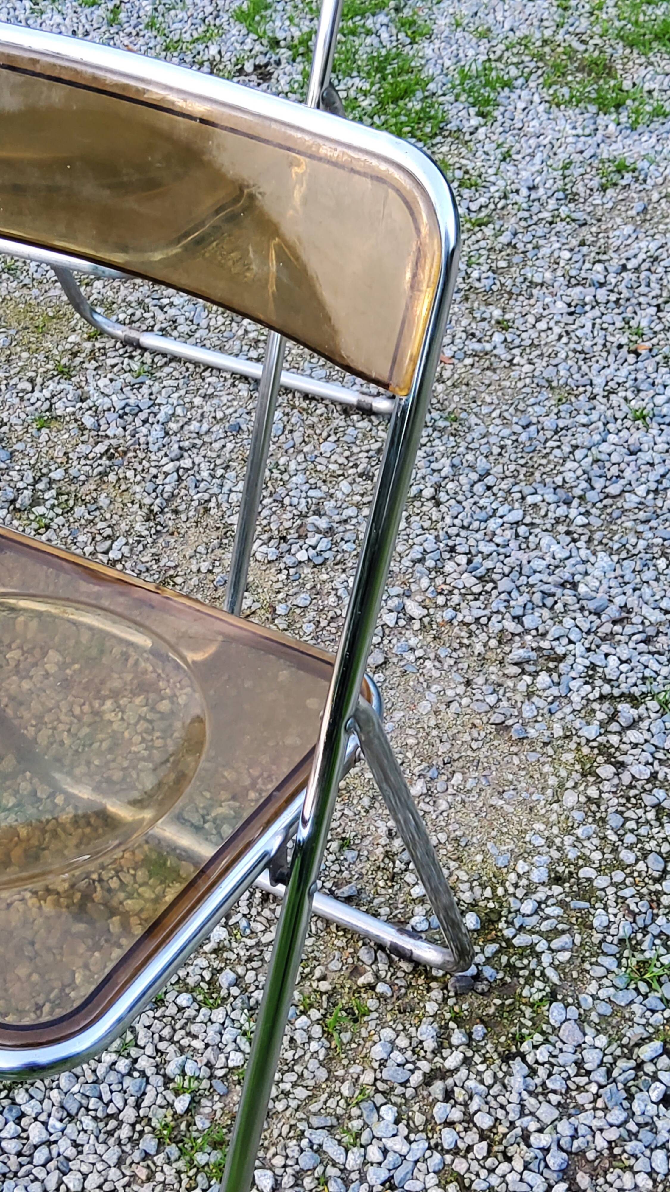 Set of 4 70s design folding chairs in smoked plexiglass and chrome metal