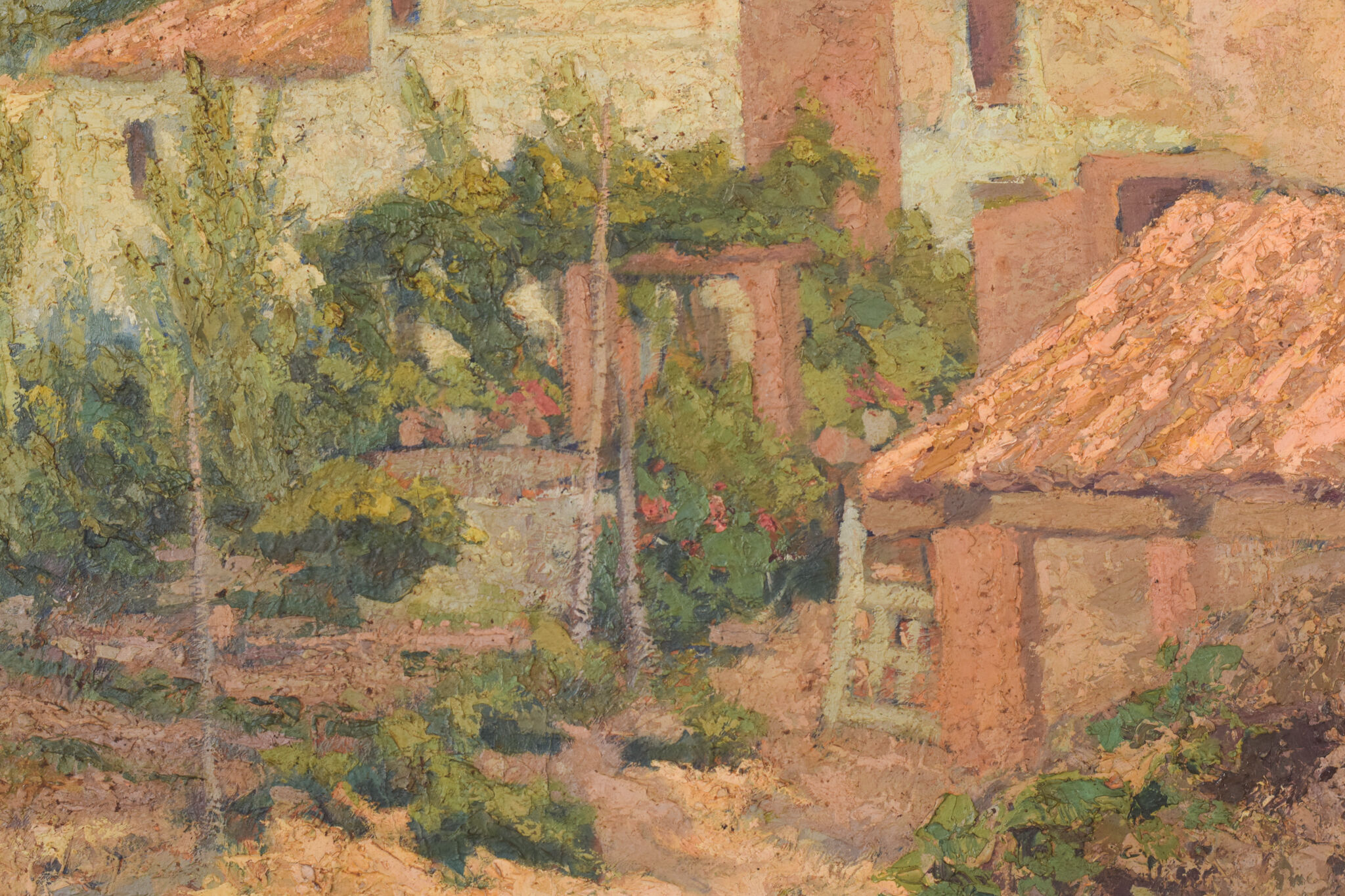Impressionist painting of villas and garden