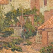 Impressionist painting of villas and garden