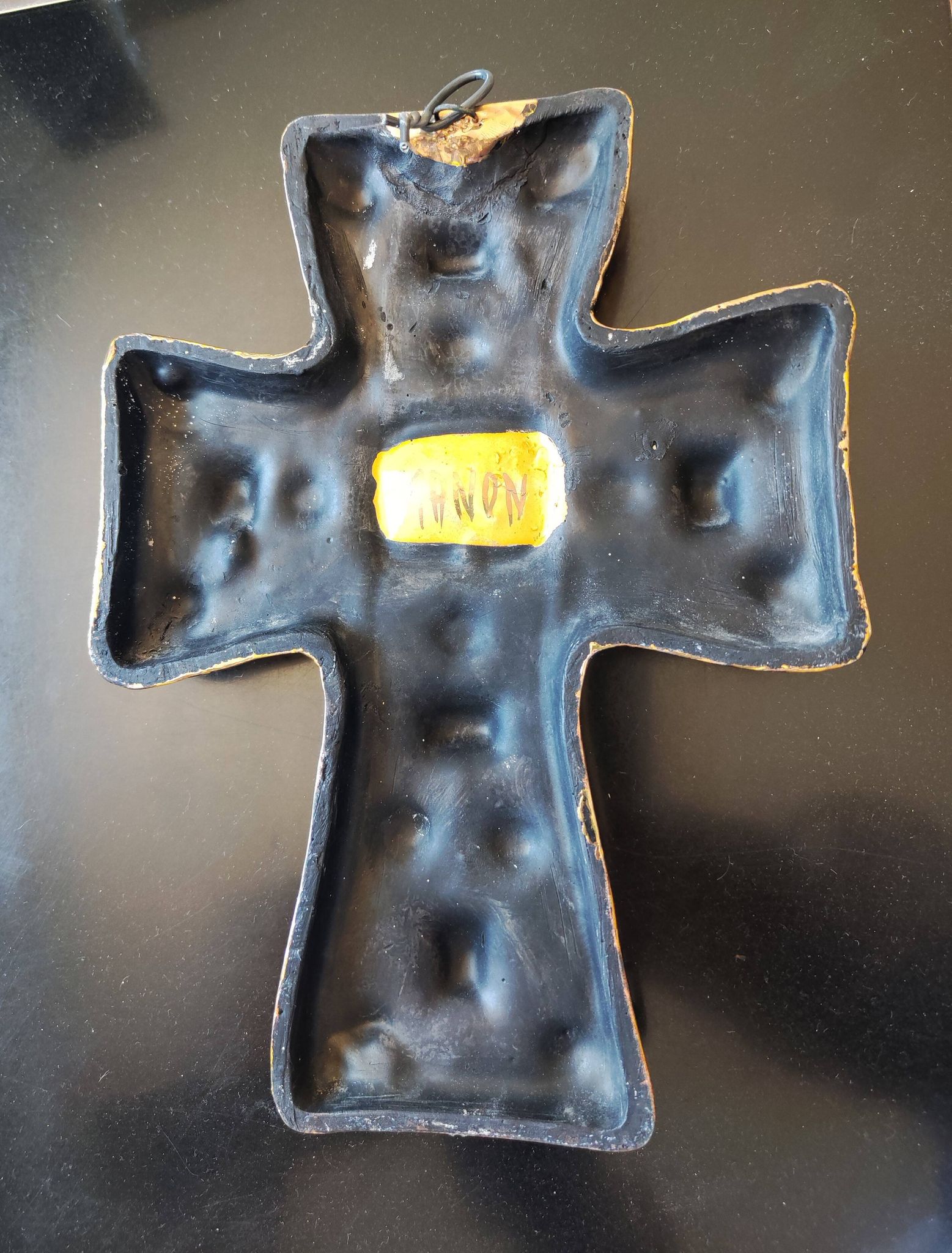 CERAMIC CROSS AND GLASS WARE SIGNED MANON DLG MITHE ESPELT 1960