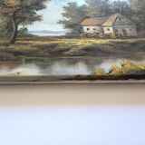 Antique painting signed "Percy" - House by the pond - oil on canvas