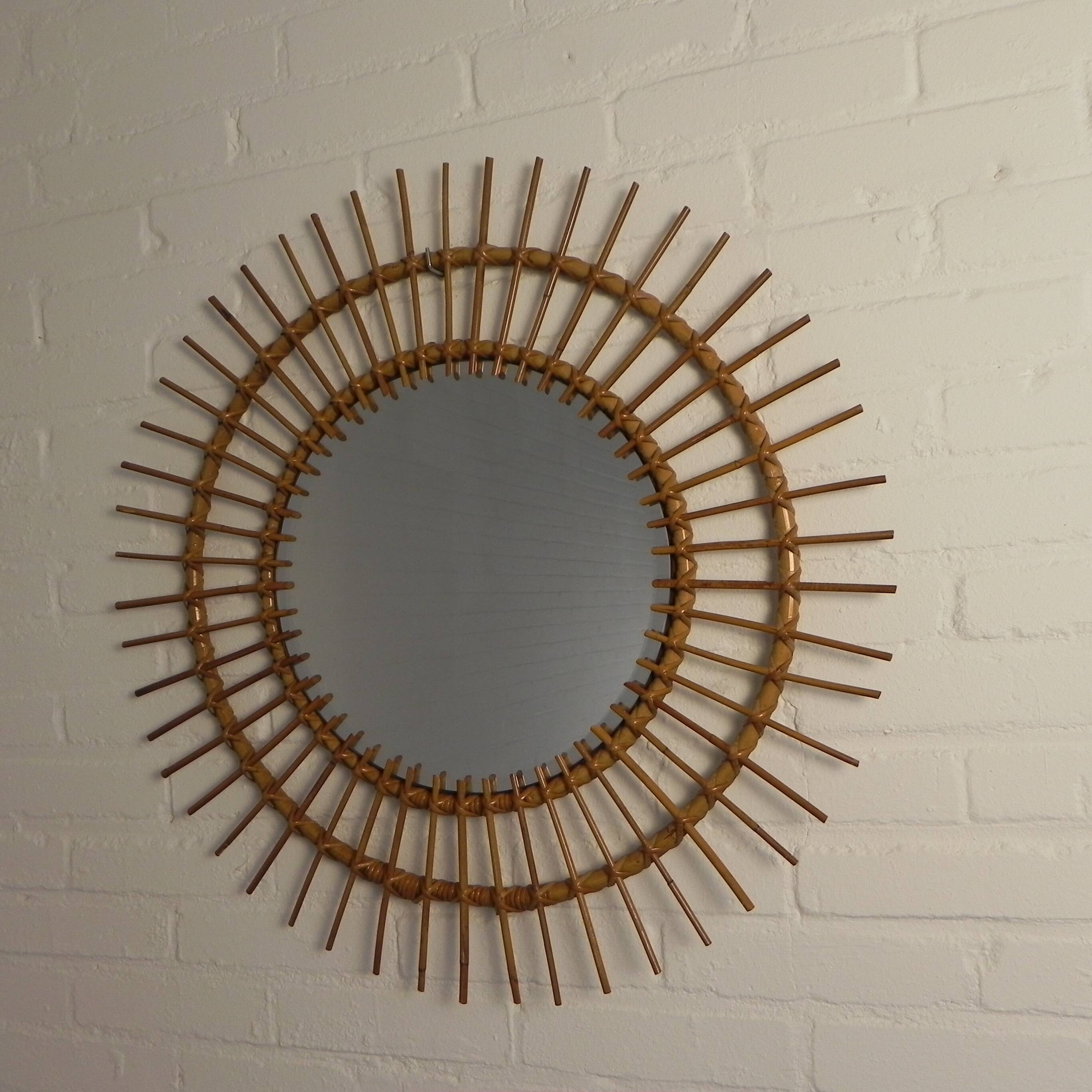 Vintage round bamboo mirror with faceted glass, 1950s