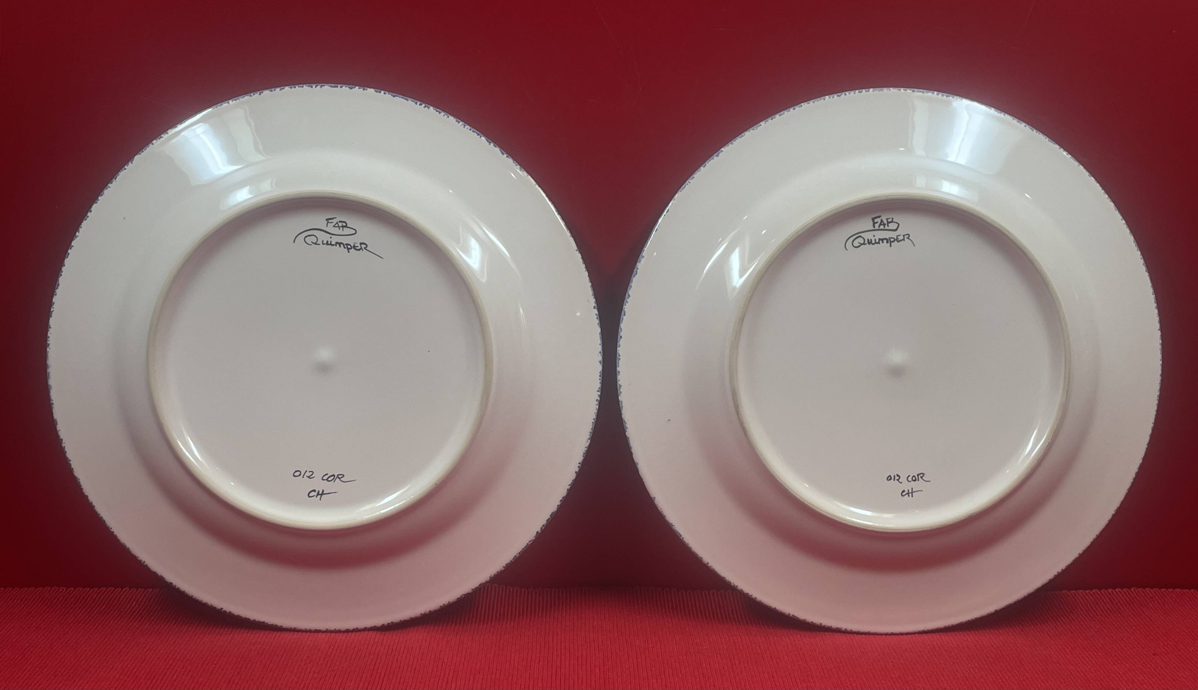 Pair of decorative earthenware plates FAB Quimper Bretagne signed Breton couple