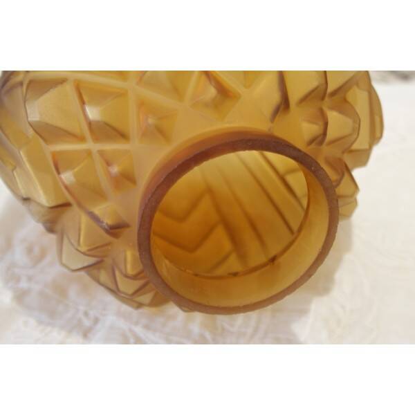 Amber yellow satin glass moulded round vase signed CLA, Art Deco, circa 1930.