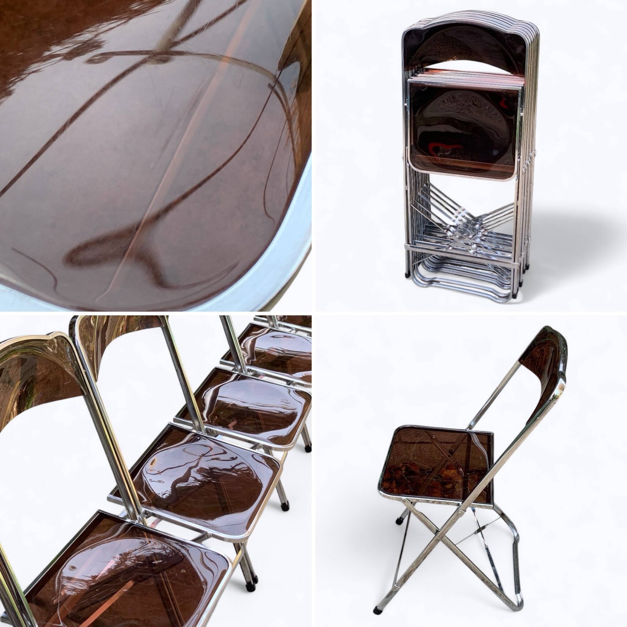 6 chaises pliantes en Plexiglas fumé et métal chrome Chaisor 1970