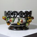 Vintage Italian silver-plated porcelain bowl with cut-out design of fruits and flowers.