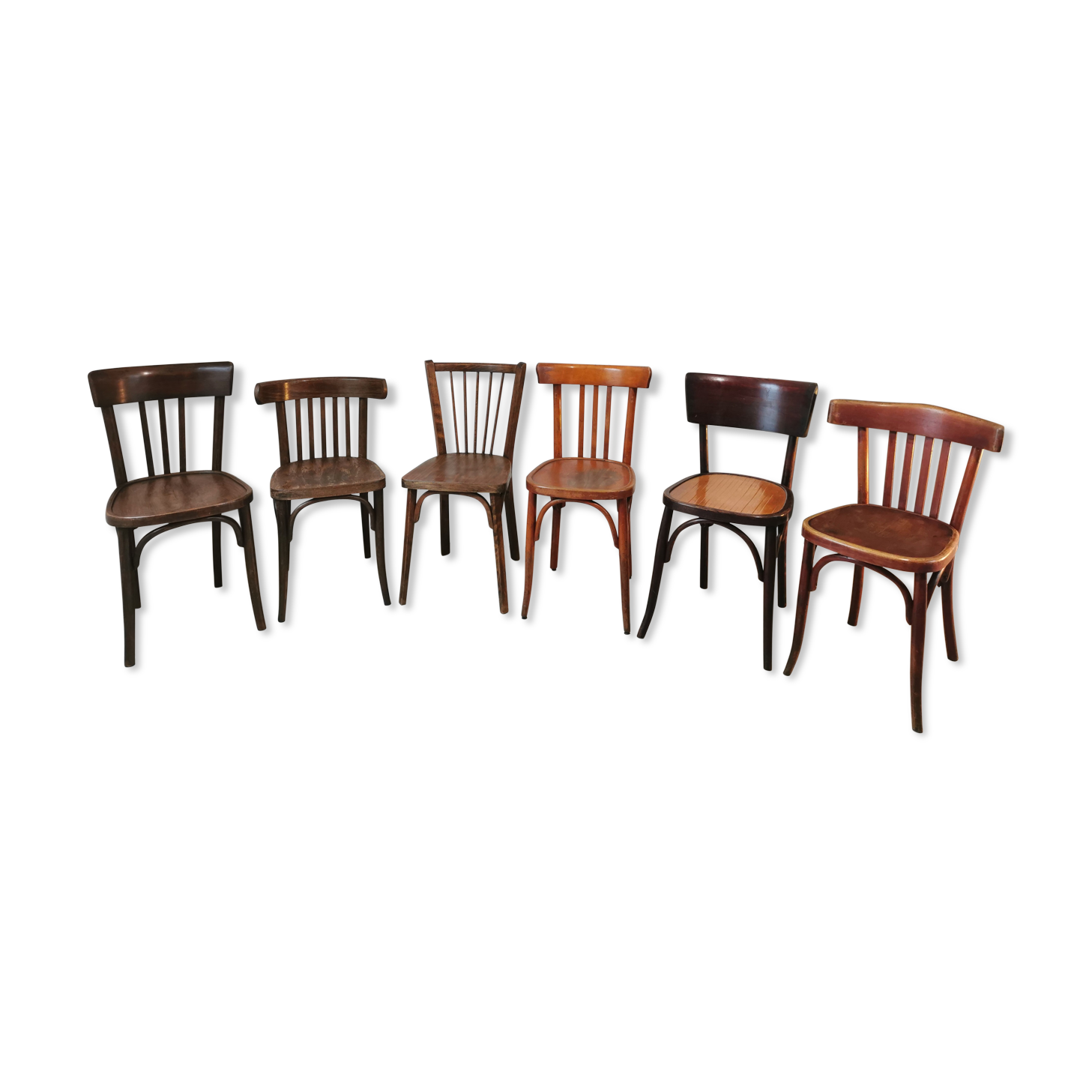 Series of 6 mismatched bistro chairs Baumann and Mahieu