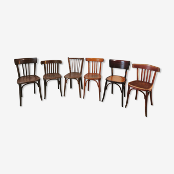 Series of 6 mismatched bistro chairs Baumann and Mahieu