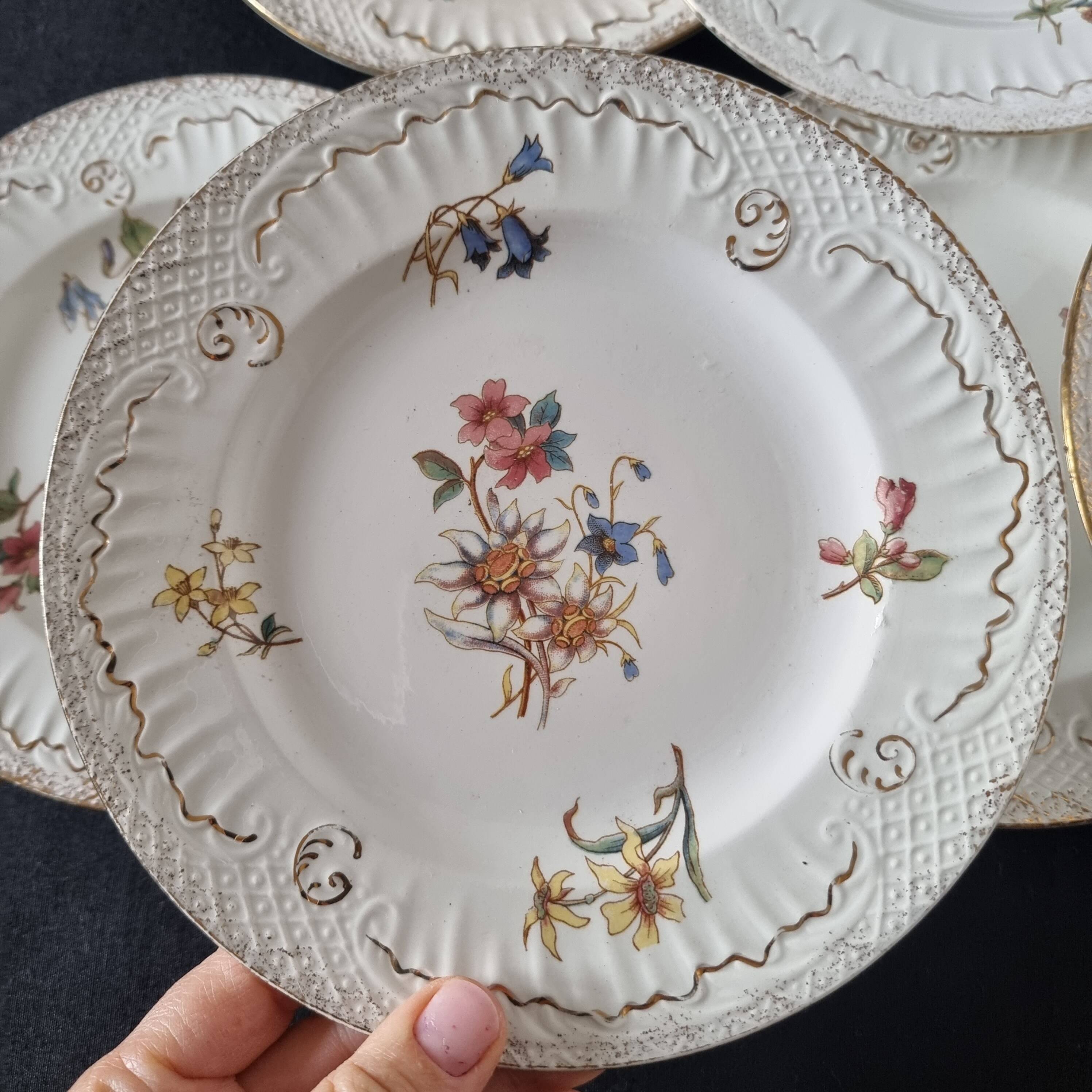 Lot de 9 assiettes anciennes en porcelaine de Sarreguemines, XIXe siècle, s