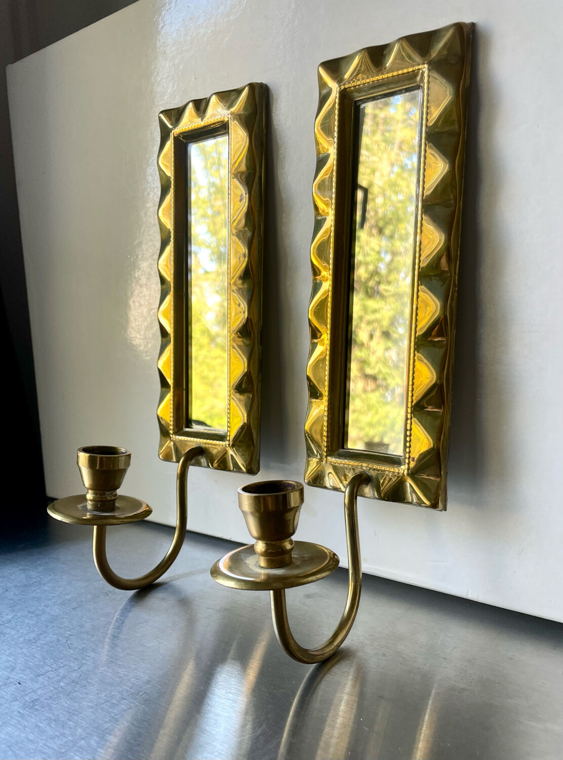 Pair of art deco vintage brass wall candle holders sconces