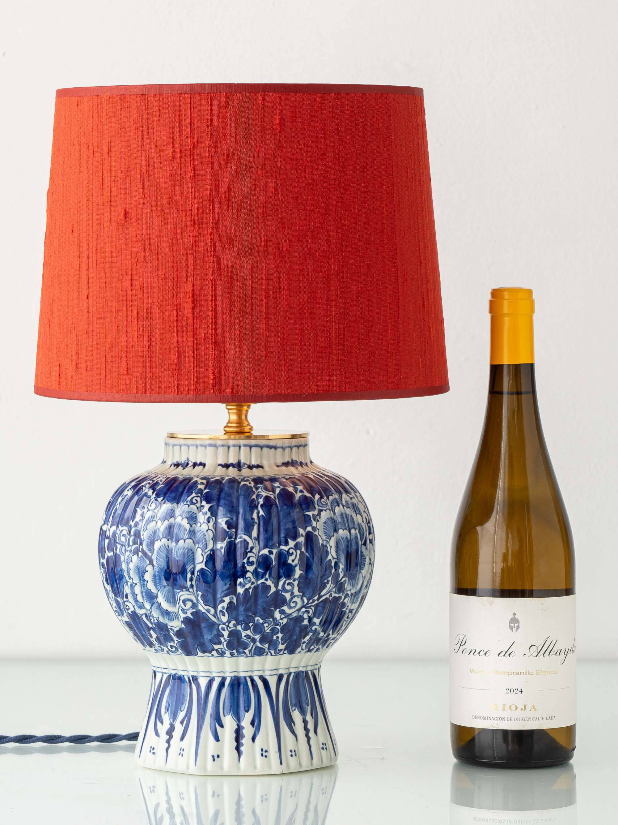 Royal Delft 1924 Blue and White Ceramic Table Lamp, New Vermilion Silk Shade