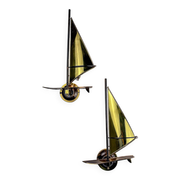 Pair of midcentury brass "sailboats" wall sconces, Italy 1960s