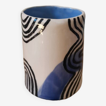 Handcrafted ceramic cup blue black line