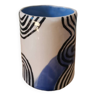 Handcrafted ceramic cup blue black line