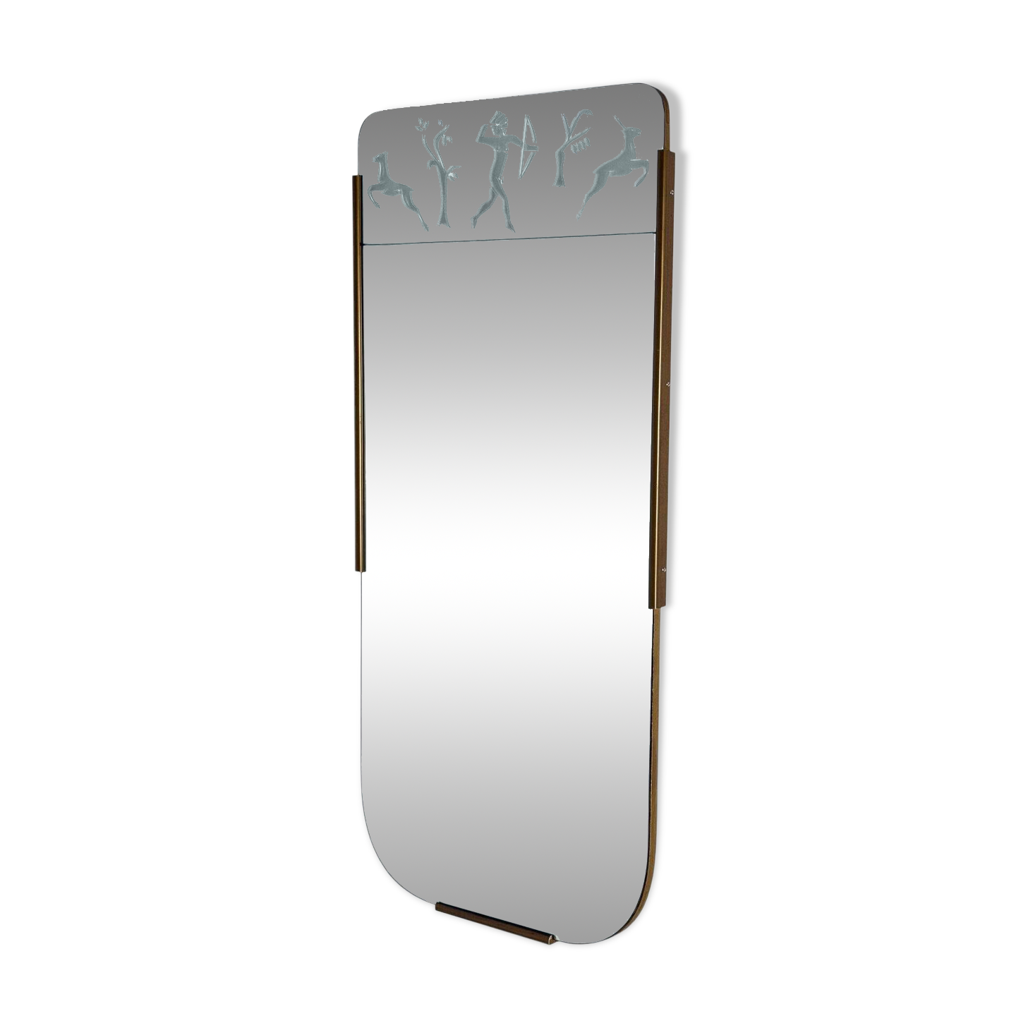 Miroir suédois Grace rare avec décor gravé de la chasseresse Diane et des cerfs.
