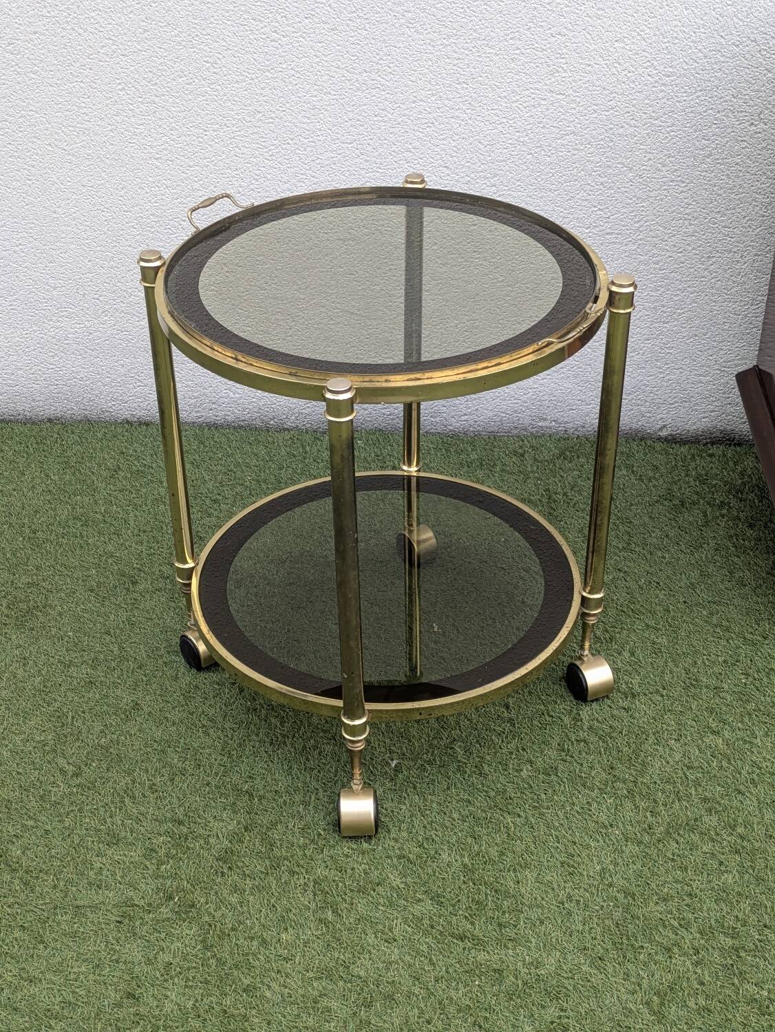 Rolling table, vintage brass and smoked glass serving cart – 1960s