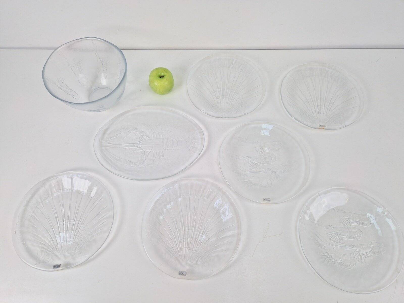 Vintage Glass Seafood Serving Bowl, Plate and Dinner Plates by Ann Warff for Kosta Boda, Sweden, 1970s, Set of 8