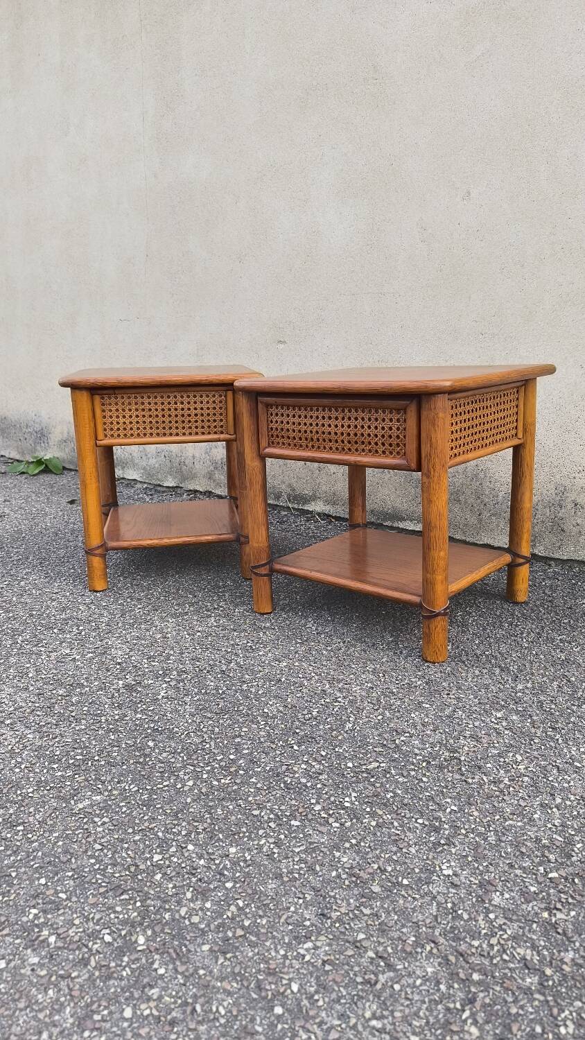 Pair of rattan and wood bedside tables from the 80s