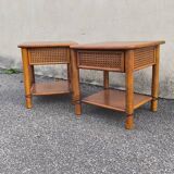 Pair of rattan and wood bedside tables from the 80s