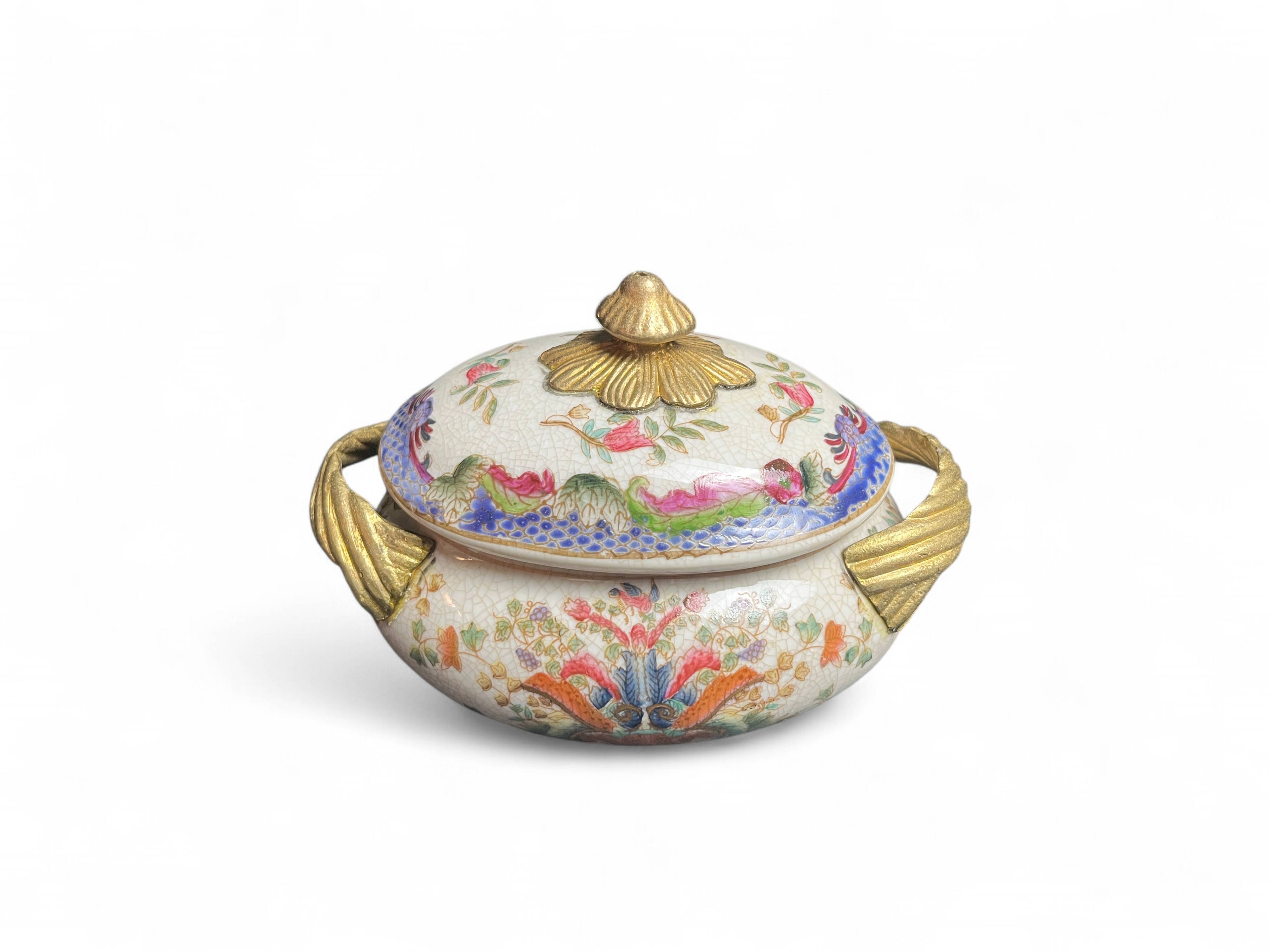 Cracked ceramic candy box with floral and gold decoration, 20th century