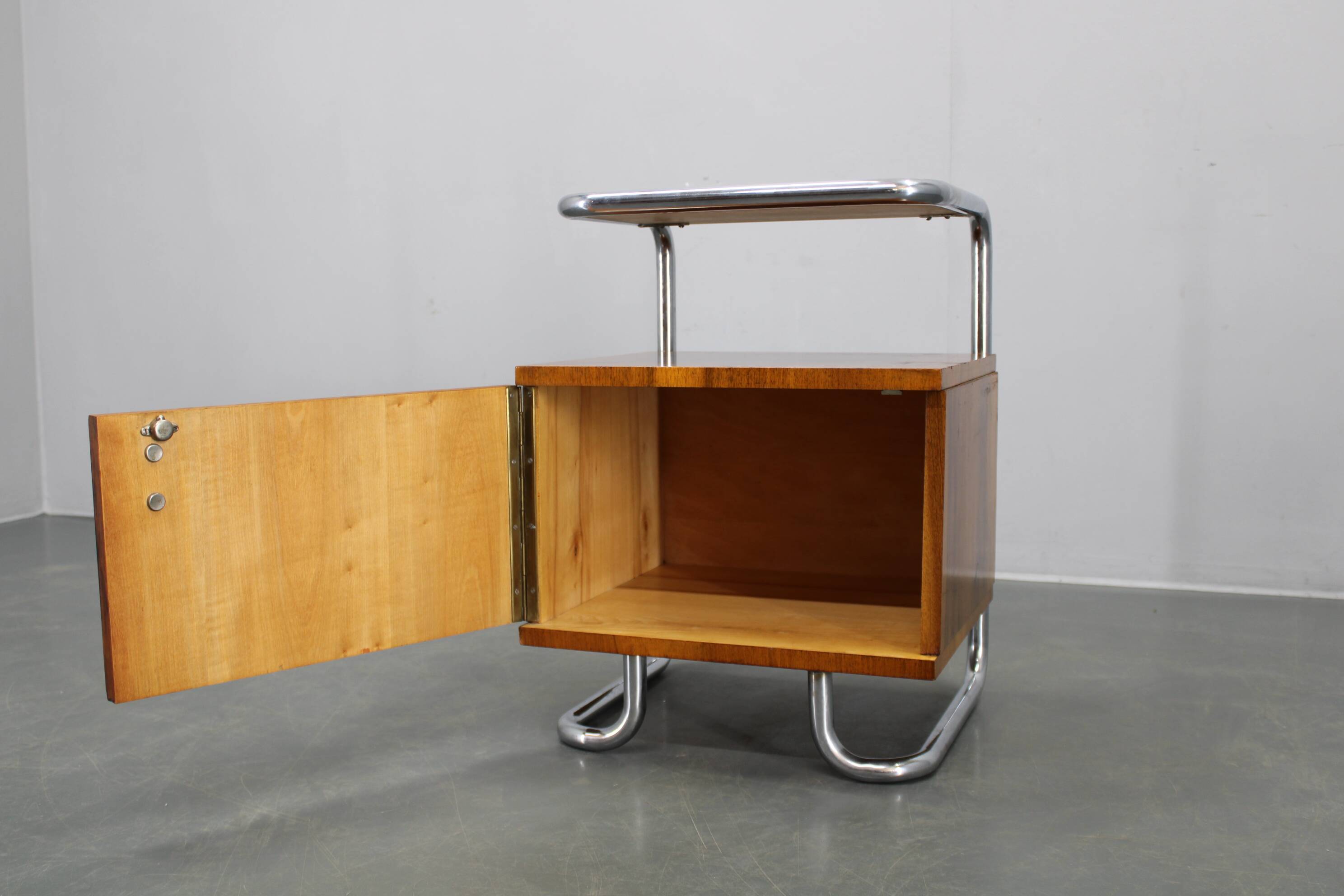Restored Bauhaus chrome and walnut nightstand, Czechoslovakia 1940s