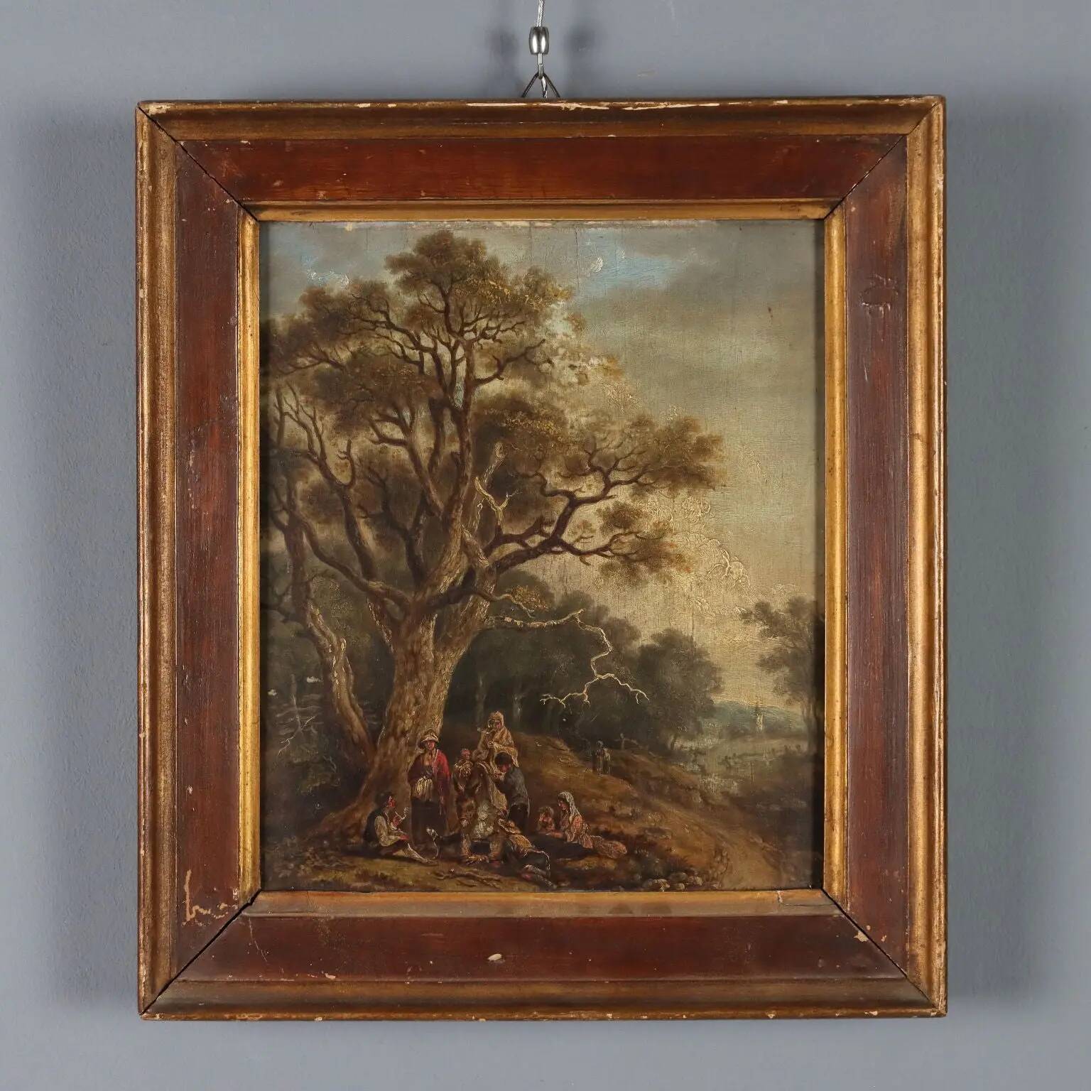 Peinture ancienne paysage avec voyageurs, huile sur panneau, '700