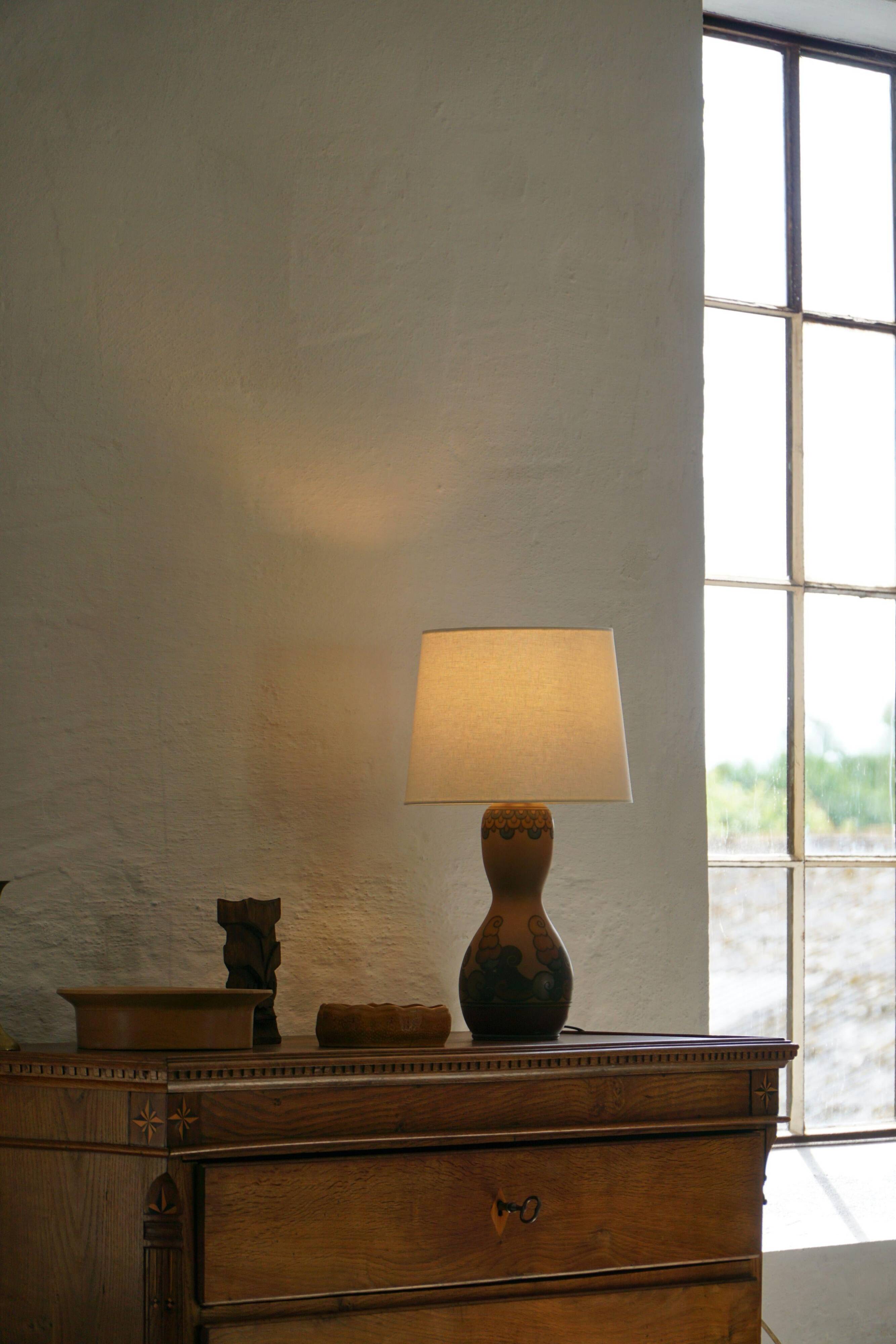 Terracotta table lamp, Art Nouveau, L. Hjorth, Bornholm, Denmark, 1930s