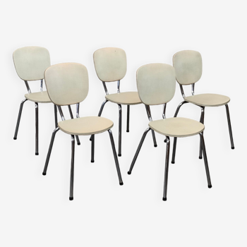 Lot de 5 chaises de cuisine chrome et vinyle blanc cassé