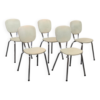 Lot de 5 chaises de cuisine chrome et vinyle blanc cassé