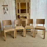 Set of 4 vintage chairs in light wood and cane – refurbished