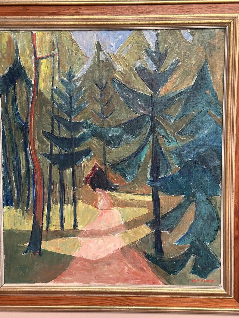 Large Original Swedish Oil on Canvas – 'Forest Road' by Leif Ewens – Signed – Vintage & Framed