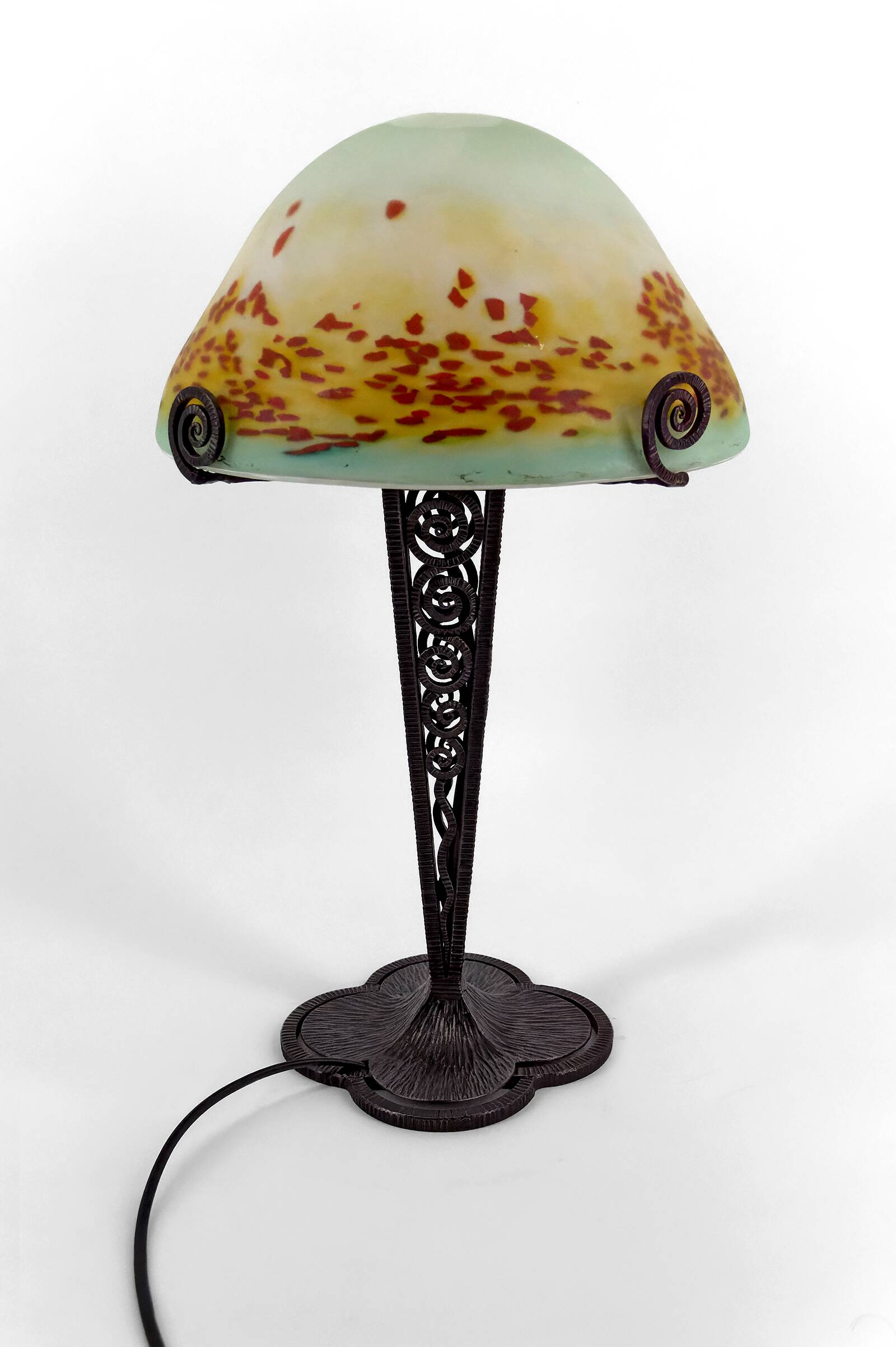 Wrought Iron Mushroom Lamp with Blown Glass Shade, 1920