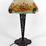 Lampe Champignon en Fer Forgé et Abat-jour en Pâte de Verre Soufflée, 1920