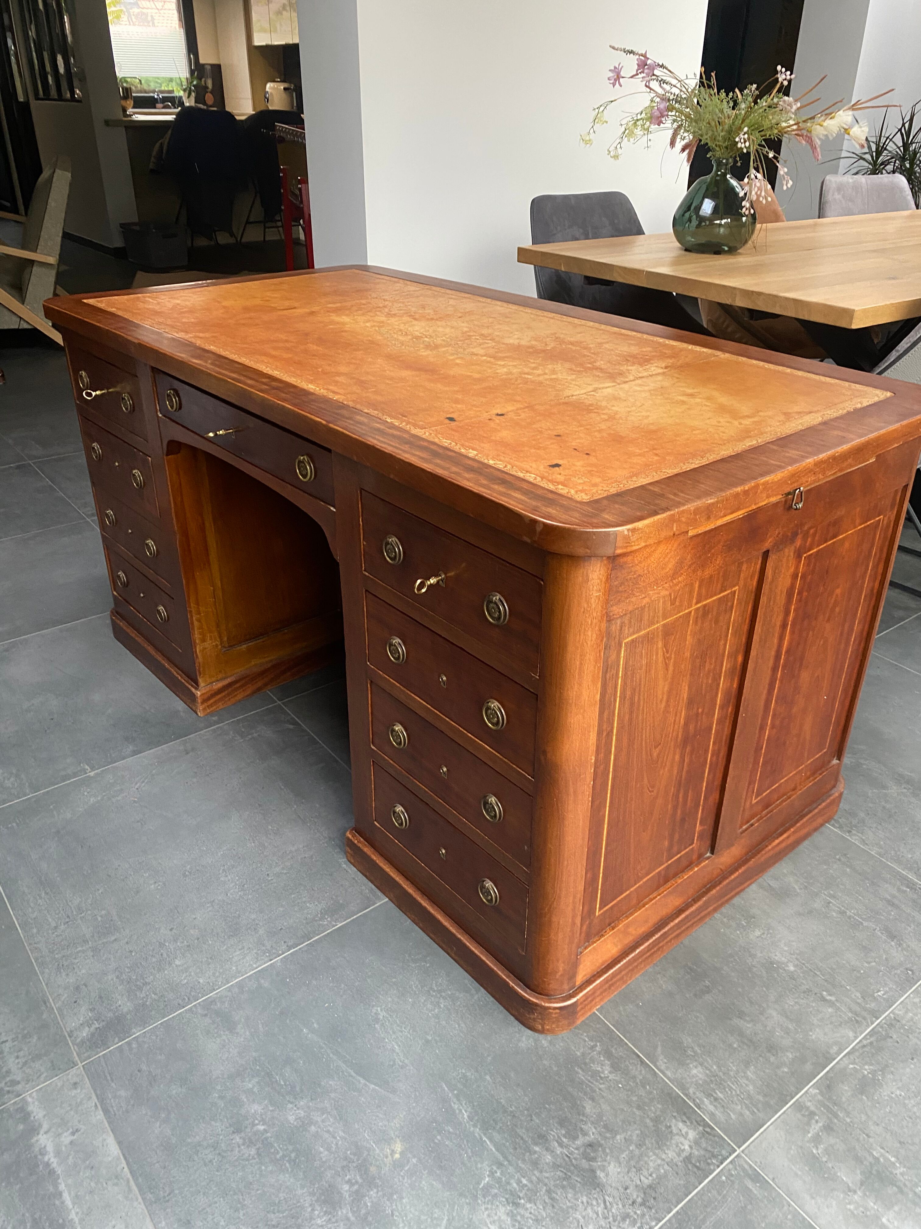 Antique desk mahogany wood vintage leather